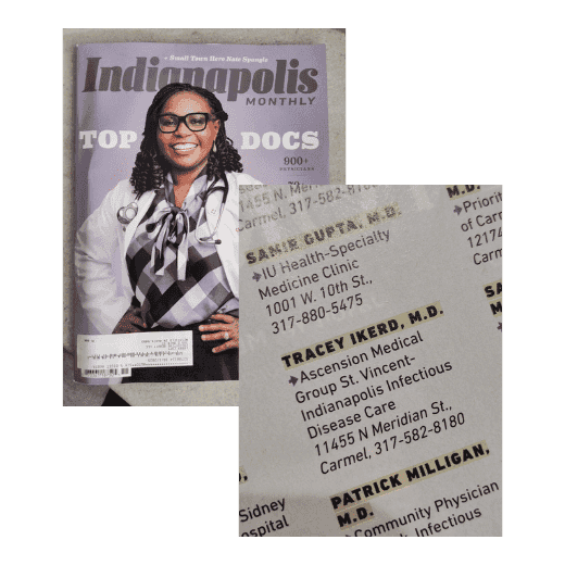 Indianapolis Monthly magazine cover featuring a doctor, alongside list of top medical professionals.