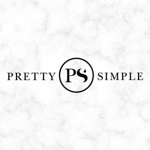 Logo of 'Pretty Simple' with a 'PS' monogram on a marble background.