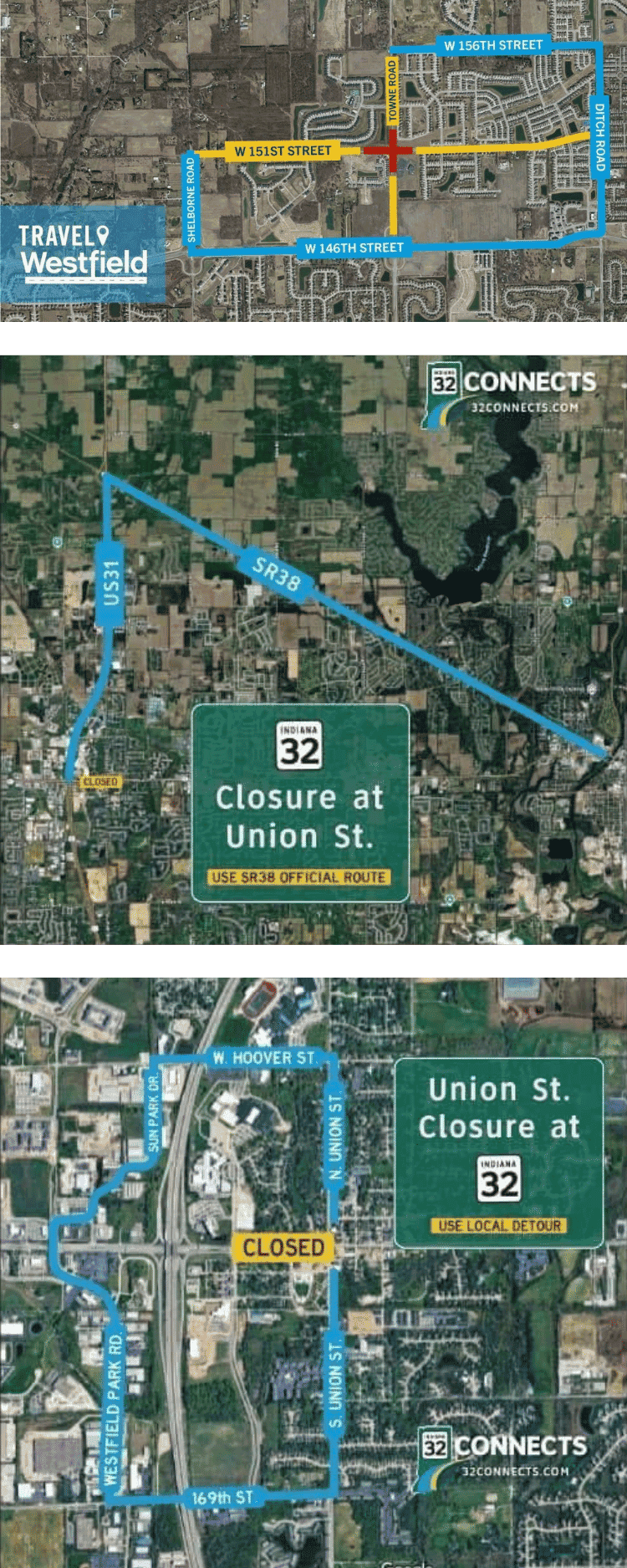 Map showing road closures on Union St., with alternate routes highlighted in blue.