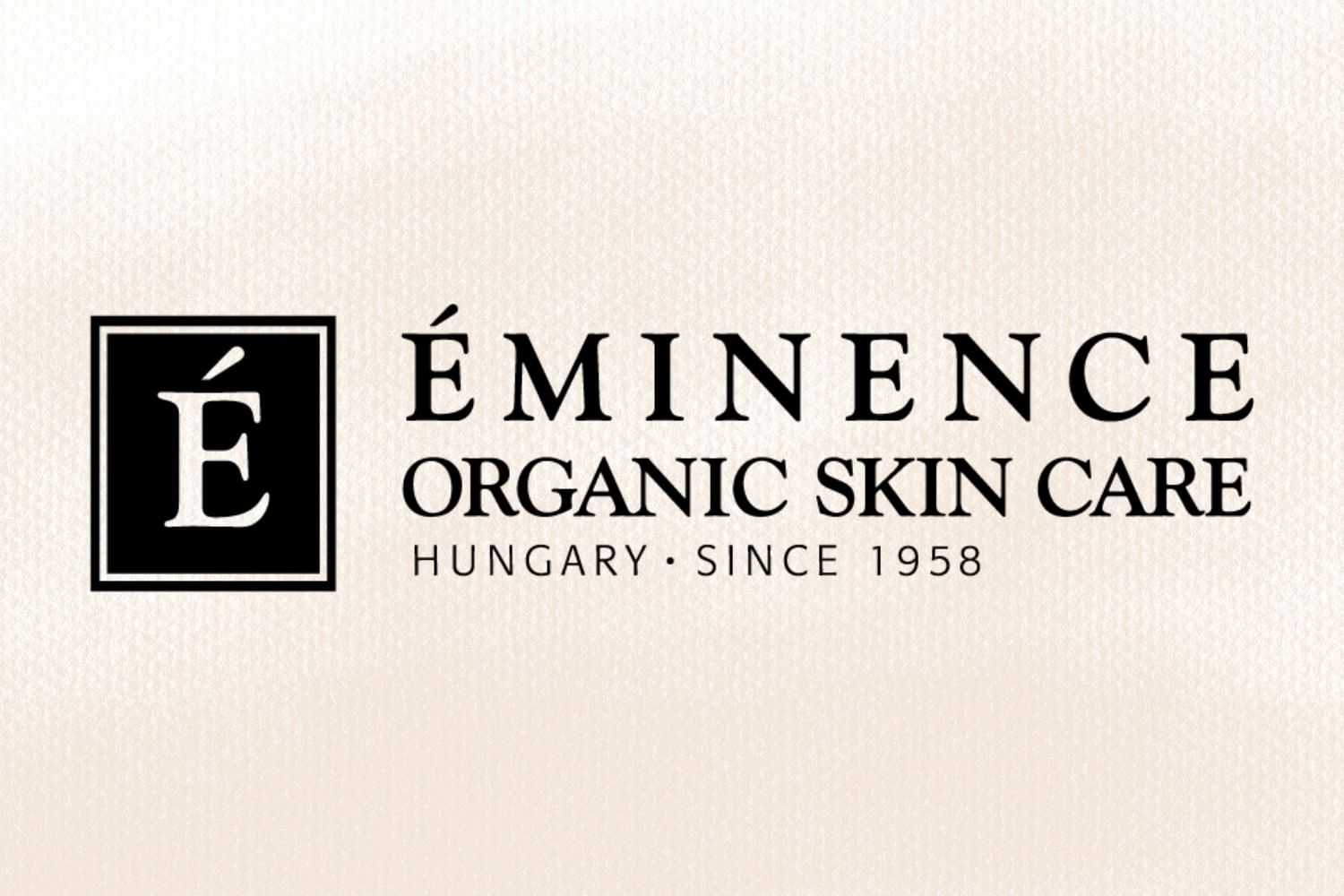 Eminence Organic Skin Care logo with "Hungary - Since 1958" text on a beige background.