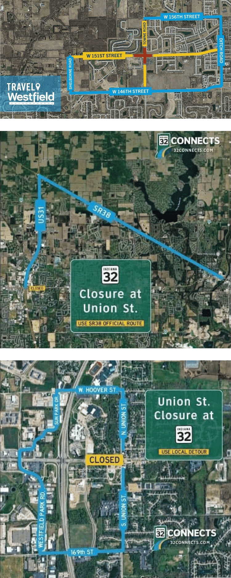Map showing road closures on Union St., with alternate routes highlighted in blue.