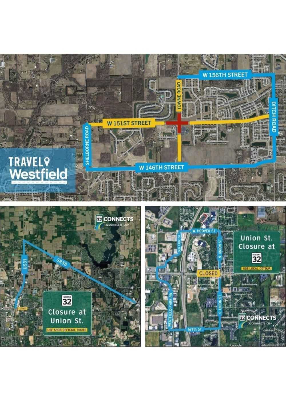 Map of Westfield traffic closures and detours on Sagamore Parkway and Union Street.